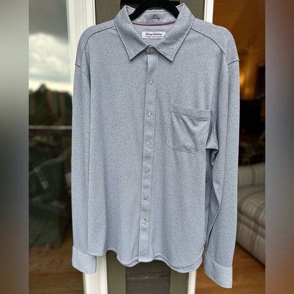 Tommy Bahama Gray and Blue Casual Button Down Shirt - Picture 1 of 7